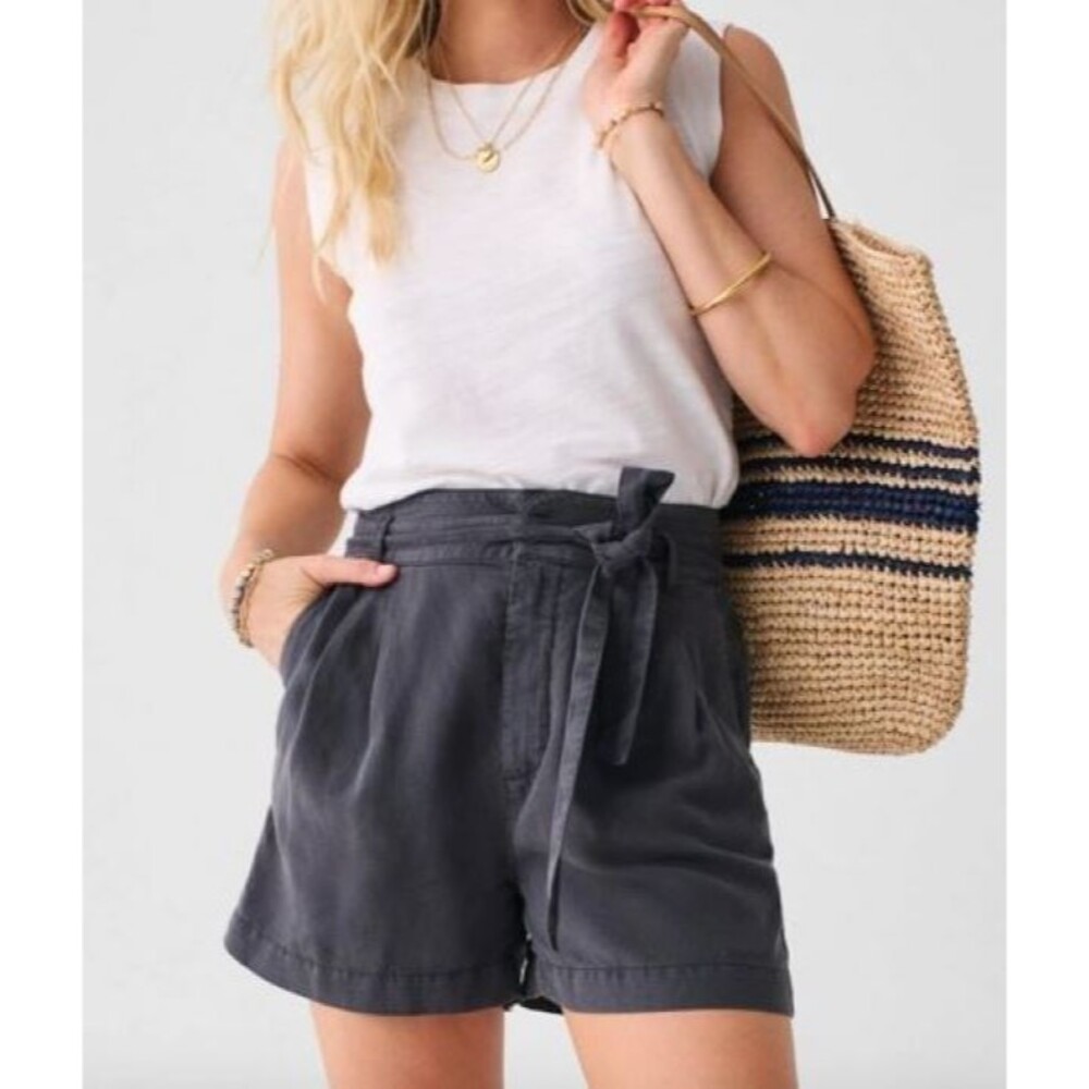 Faherty Linen Blend Tie Waist Shorts Women's Size XL Blue Paperbag